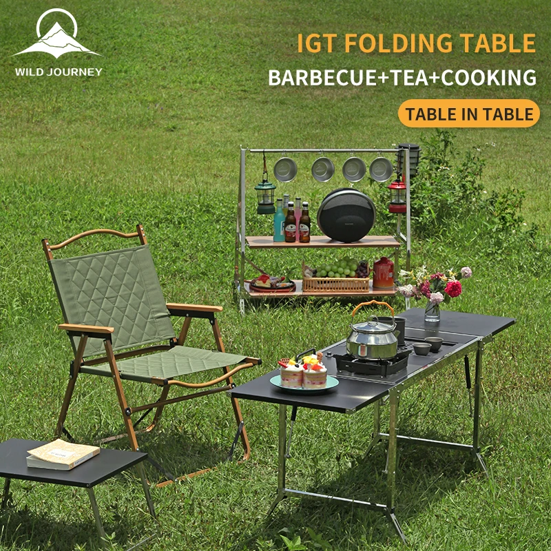 Table pliante portable en acier inoxydable, ensemble de cuisinière à thé, outils de barbecue, camping, fête de vacances en plein air, sauvage