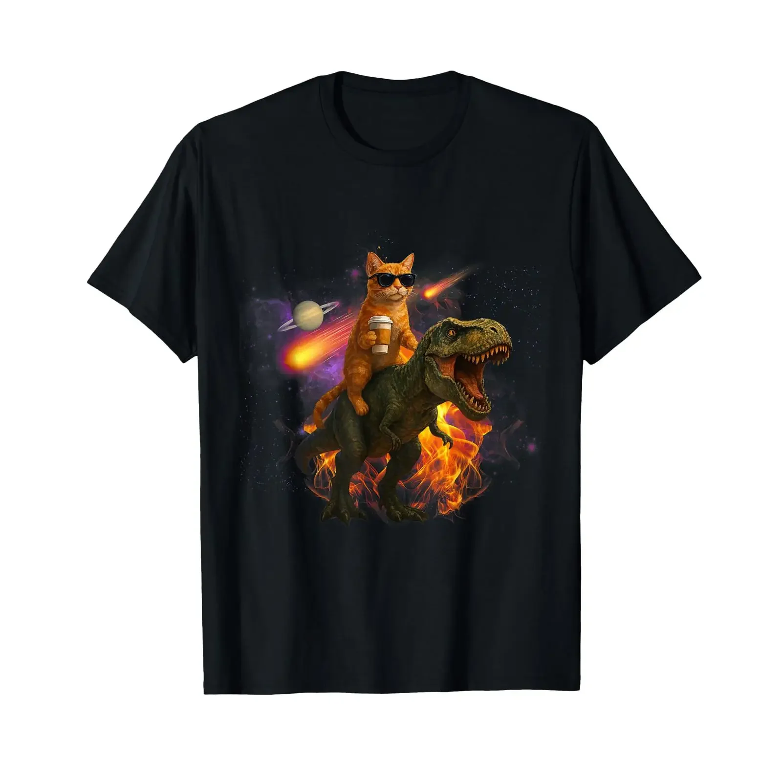 Cosmic Coffee Cat Funny Stargazing Feline with T Rex amp UFO Shirt vintage Washed Slightly Top For Everyday Wear graphic Soft