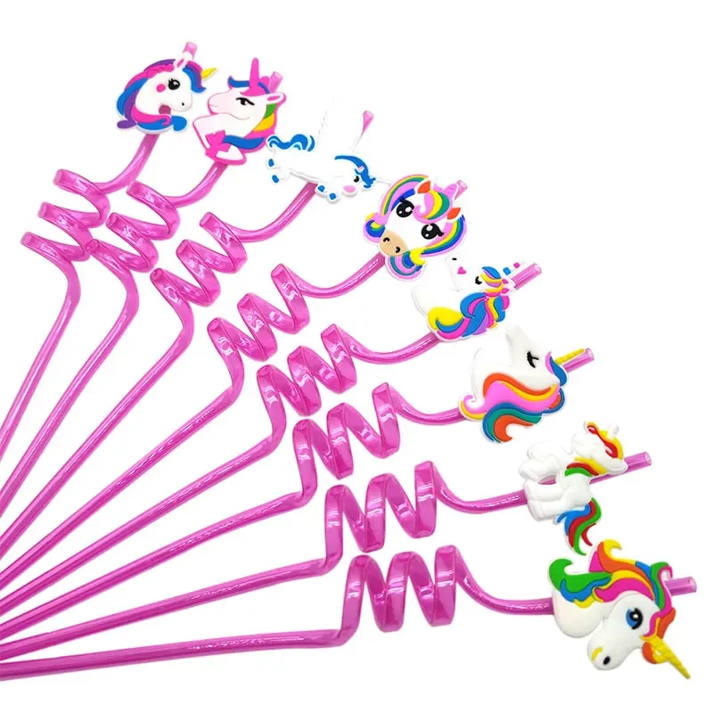 8pcs Unicorn Theme Spiral Plastic Drinking Straw Reusable Unicorn Straws for Kids Baby Shower Birthday Party Decor Souvenirs