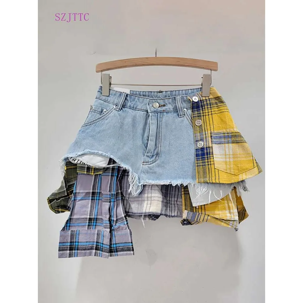 DEAT Women's Denim Skirt Colored Plaid Patchwork Irregular Deconstructed A-line High Waist Mini Skirt 2025 Summer New Fashion