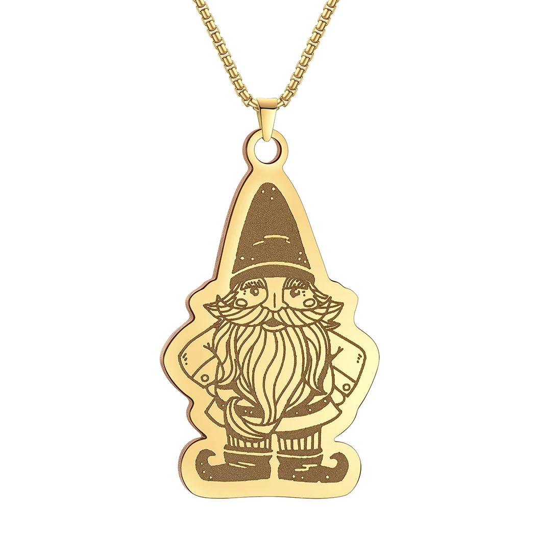 QIMING Garden Gnome Clipart Pendant Necklace For Women Stainless Steel Christmas Jewelry Gold Trendy Necklace 