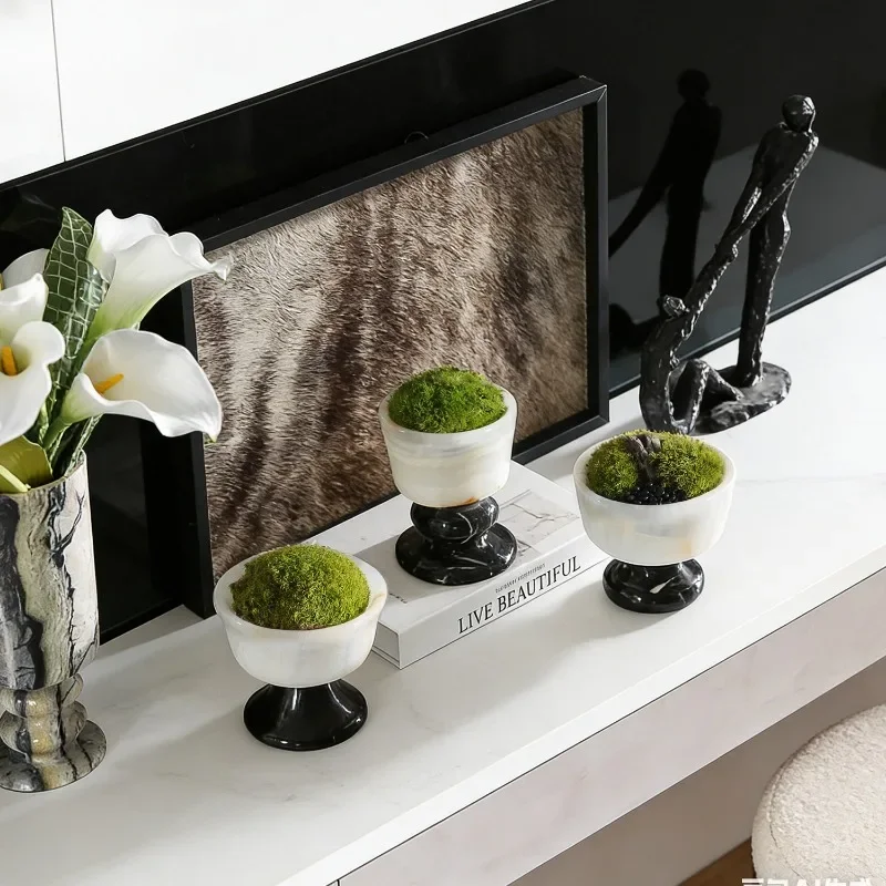 Modern Minimalist Stone Planter with Preserved Moss, Creative Hand Carved Vase Sculpture, Office Conference Room Desktop Decor