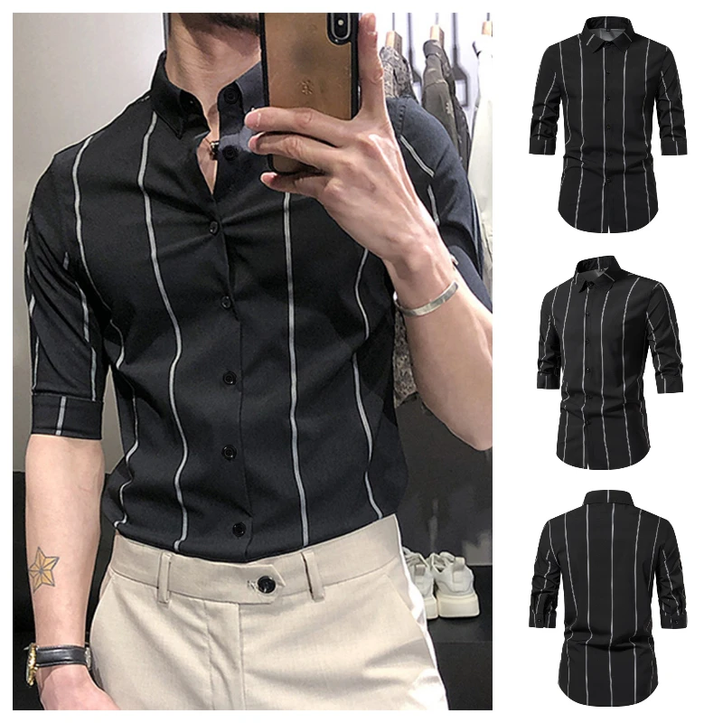 2023 New Summer Men's Half Sleeve Black Shirt White Stripe Turn-down Collar Fashion Casual Trend Thin Breathable Men Clothing