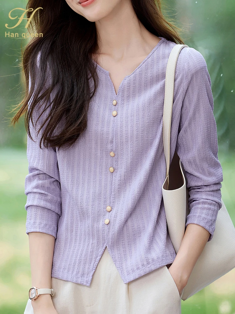

H Han Queen Autumn Office Lady Loose Casual Retro Women's Shirt Solid Color Button V Neck Long Sleeve Chic Pullover Tops