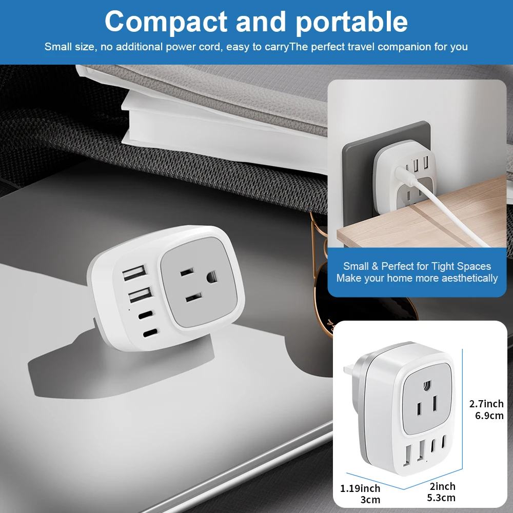 KOSHARE US to UK Travel Adapter Plug Outlet Expander Wall USB Charger with 1 AC Outlet 2 USB Whit 2 Type-C Ports Travel Adapter