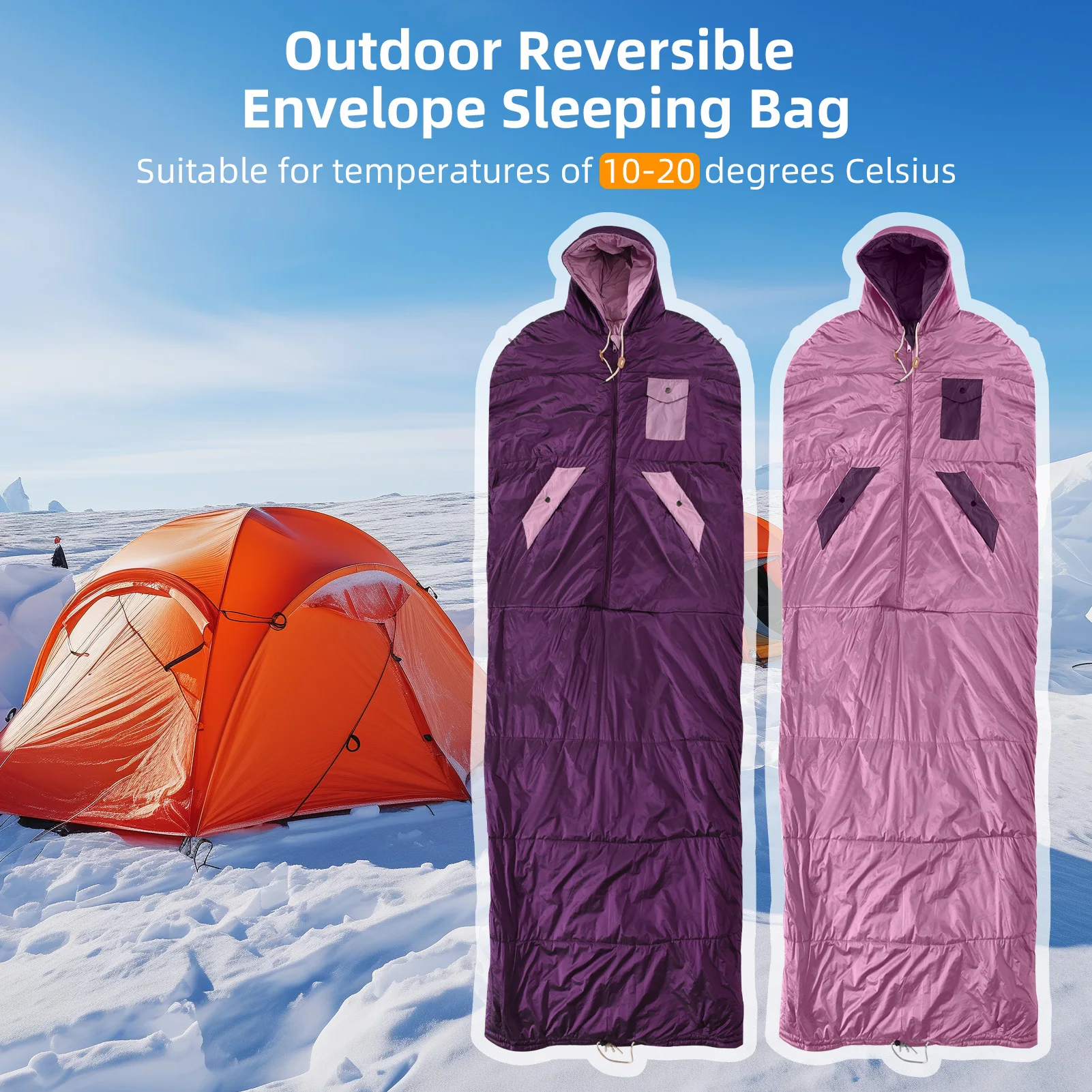 

Adult Camping Sleeping Bag Reversible Envelope Design 10-20°C Waterproof Nylon Lightweight Compressible Hiking Travel