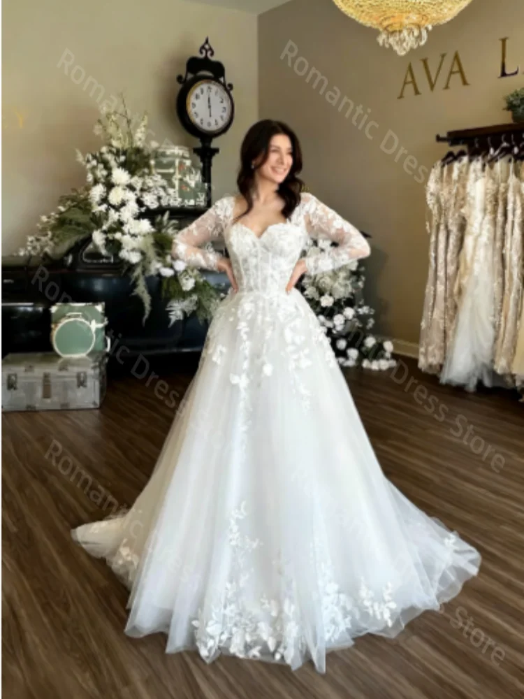 

Romantic A-Line Customized Sweetheart Lace Dress Long Sleeves Wedding Dress Pleated Bride Dress Vestido De Noiva