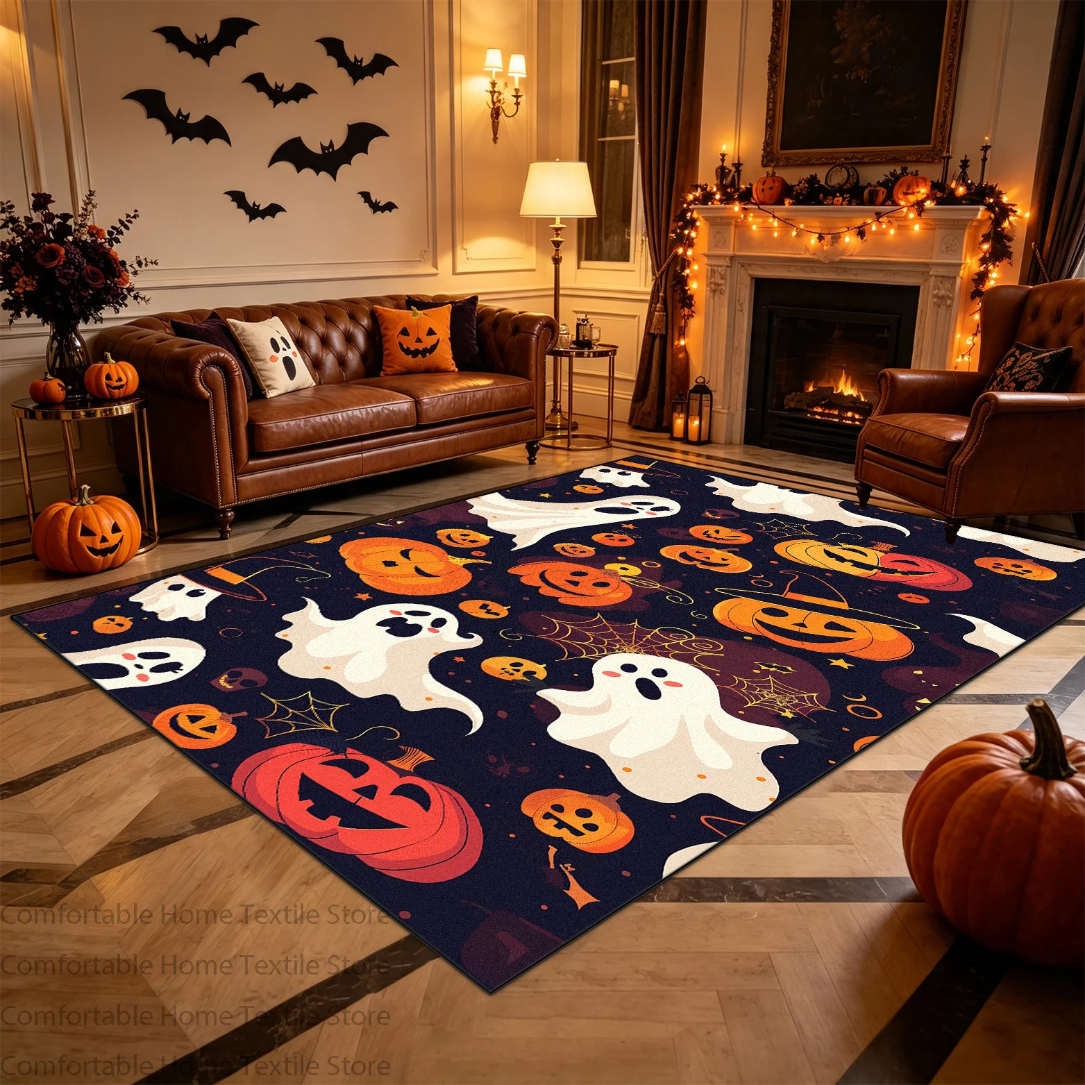 Cute Halloween Pumpkin Witch Hat Coffee Tables Mat Short Velvet Antiskid Living Room Carpet Easy Clean Washable Gaming Room Rug