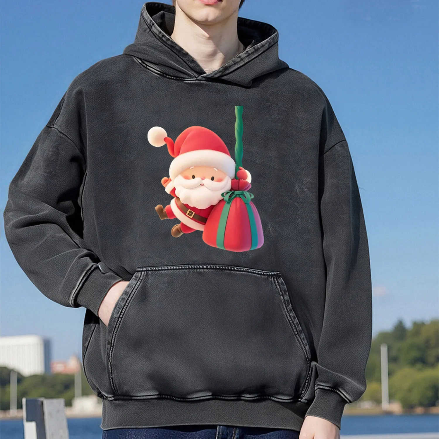 سانتا كلوز نمط ريترو غسلها مقنعين البلوز للرجال والنساء ملابس رياضية كاجوال القطن موضة ملابس الشارع 400G #1