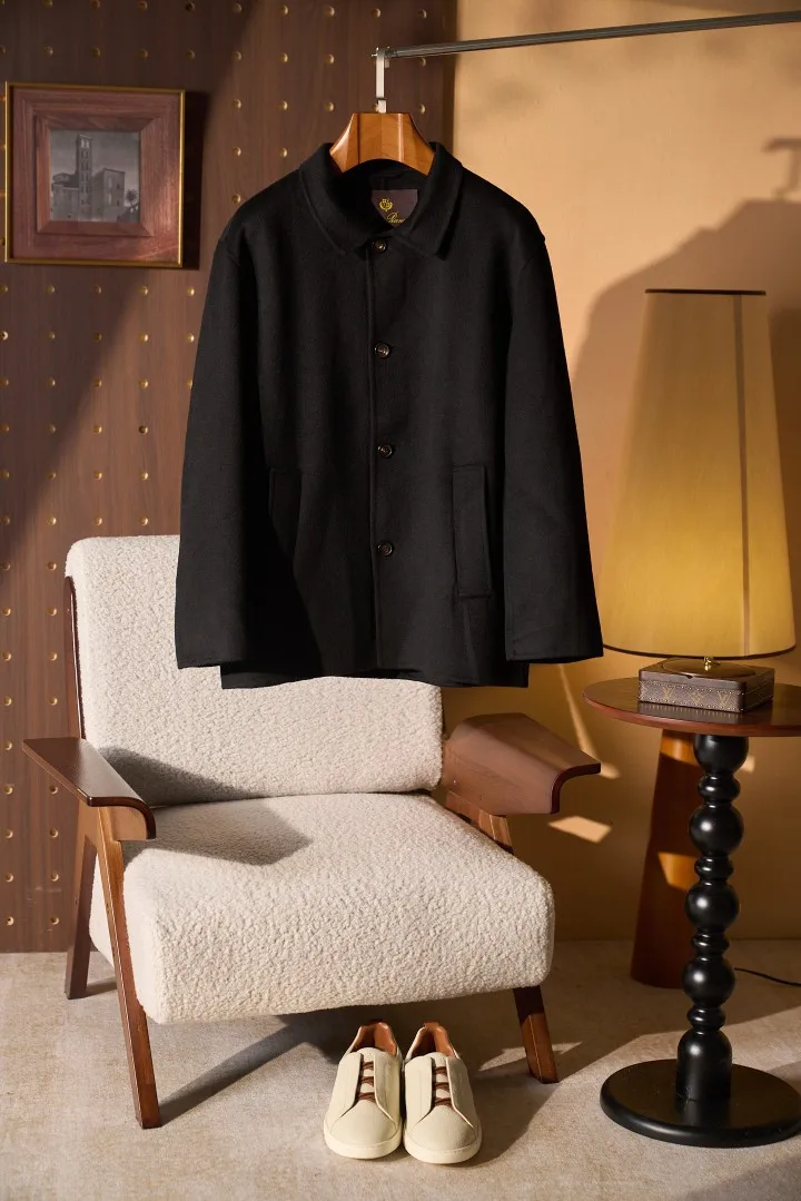 LP Men Old Money Style Mid Long Business Executive Cashmere Wool Blend Turn Down Collar Structured Button Front Straight Coat