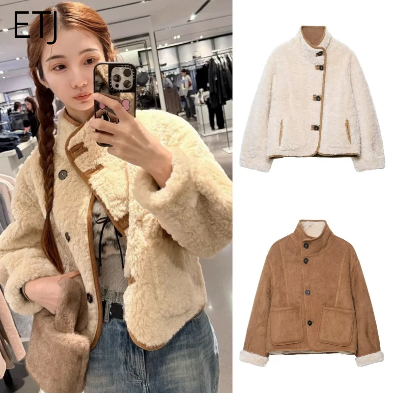 

ETJ 2025 женская осенне-зимняя новинка, нежное милое толстое пальто, теплая двусторонняя короткая куртка из искусственного меха