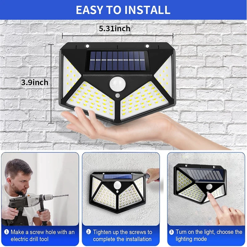 Lâmpada de parede solar exterior com sensor de movimento PIR, luzes impermeáveis estrada, jardim, Home Decor, pátio, 100 LED