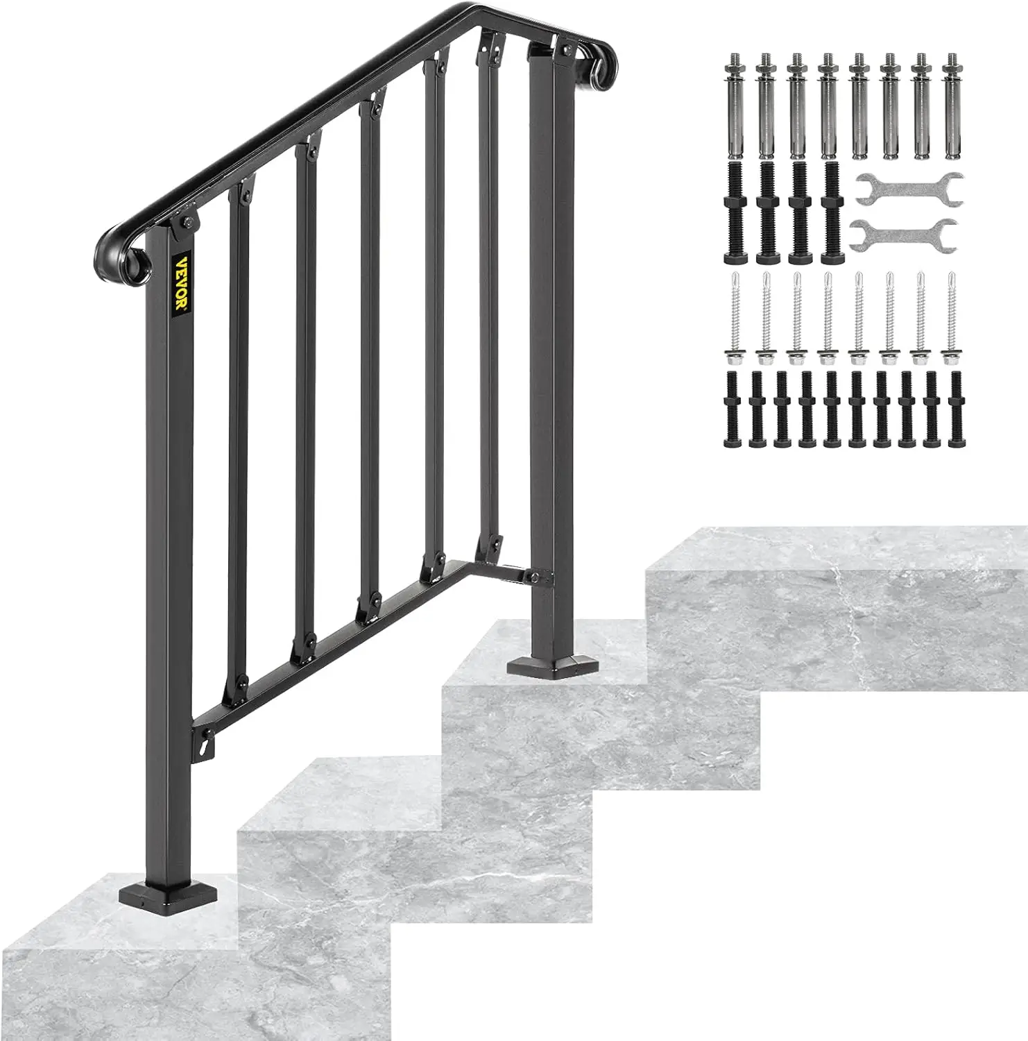 Handrails for Outdoor Steps, Fit 3 Steps Outdoor Stair Railing, Picket#2 Wrought Iron Handrail, Flexible Porch Railing