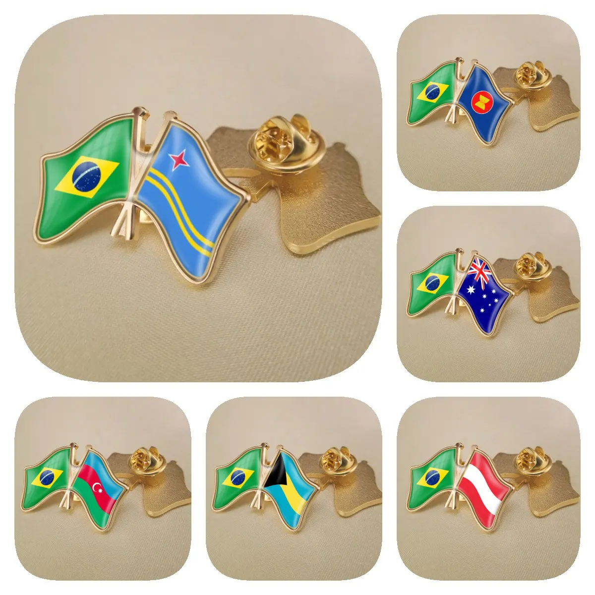 Brazil and Aruba ASEAN Association Australia Austria Azerbaijan Bahamas Crossed Friendship Flags Brooches Lapel Pins Bradges