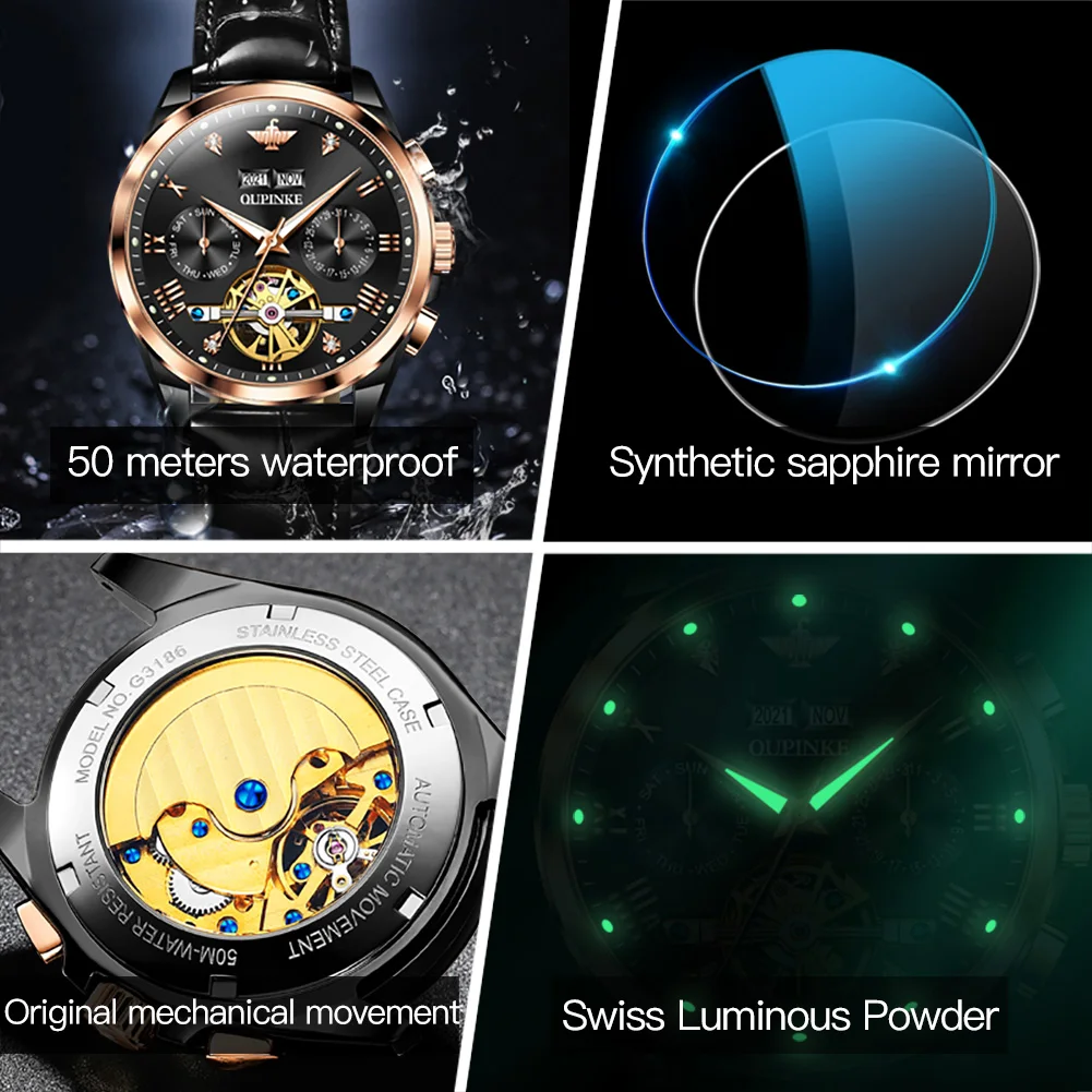 OUPINKE 3186 Herrenuhr Luxus Hohl Tourbillon Männer Mechanische Vollautomatische Uhr Wasserdicht Kalender Timing Code Herrenuhr
