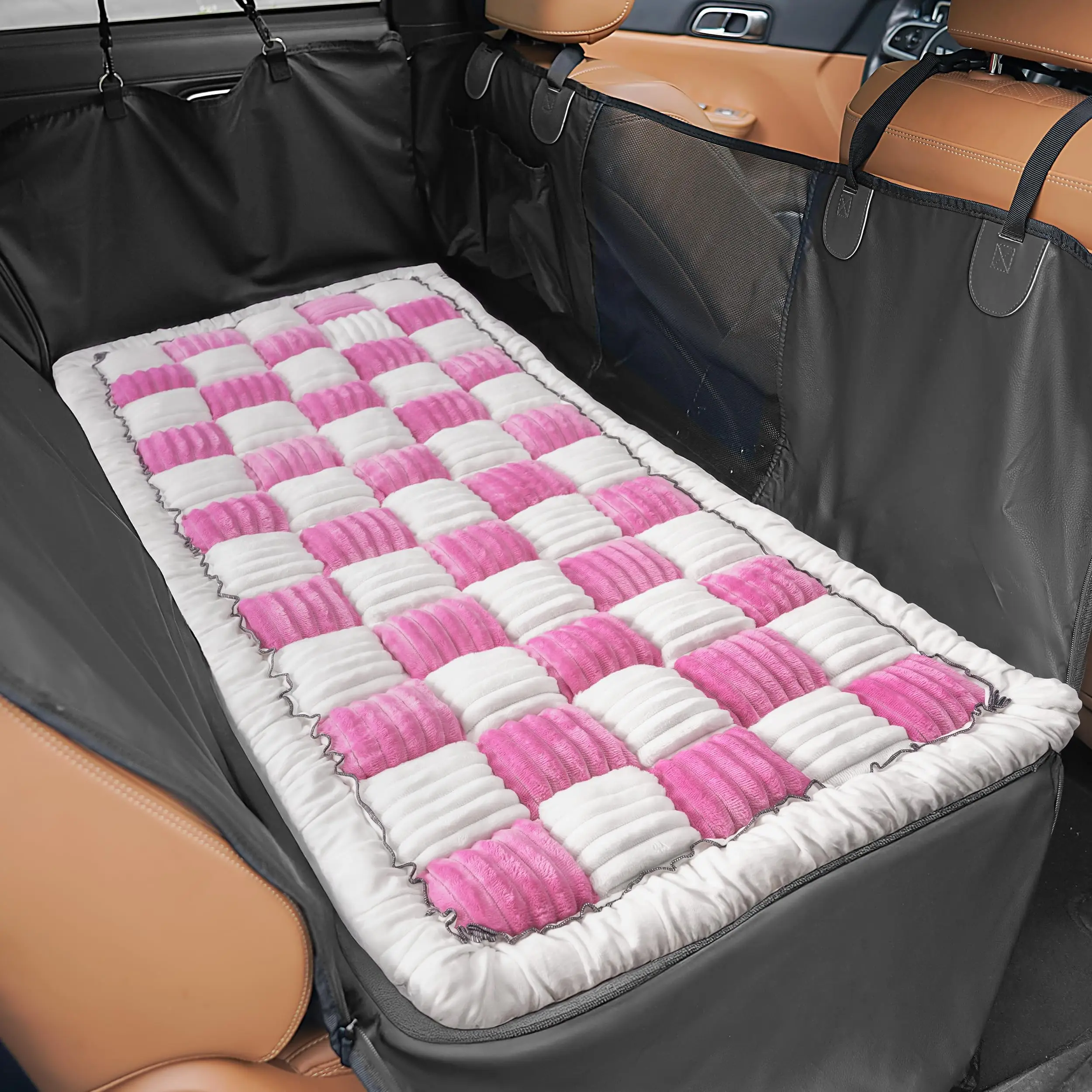 Soft Quilted Pink And White Pet Car Backseat Mat With Non-Slip Base For Dogs In SUVs Trucks