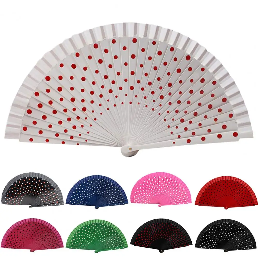 Dupla face Dot Print Folding Fan, Esponja Multicolor, Bonito, Dança, Escritório, Casa, Mesa, Decorativo