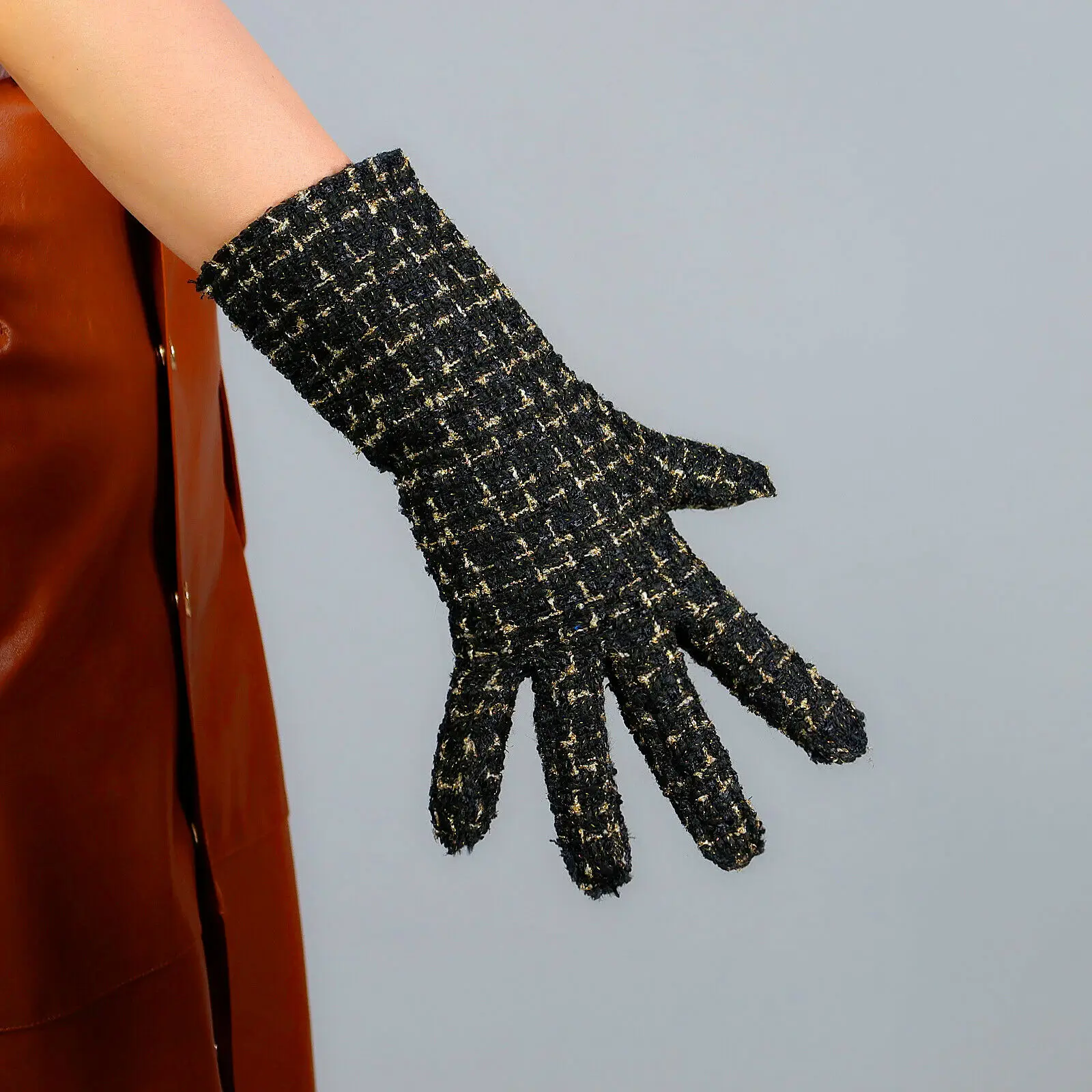 

TWEED GLOVES 30cm 11" Short Wrist Black with Sparkle Golden Threads Lined CHUNKY CUTE Party Cosplay Evening Winter Warm Glove