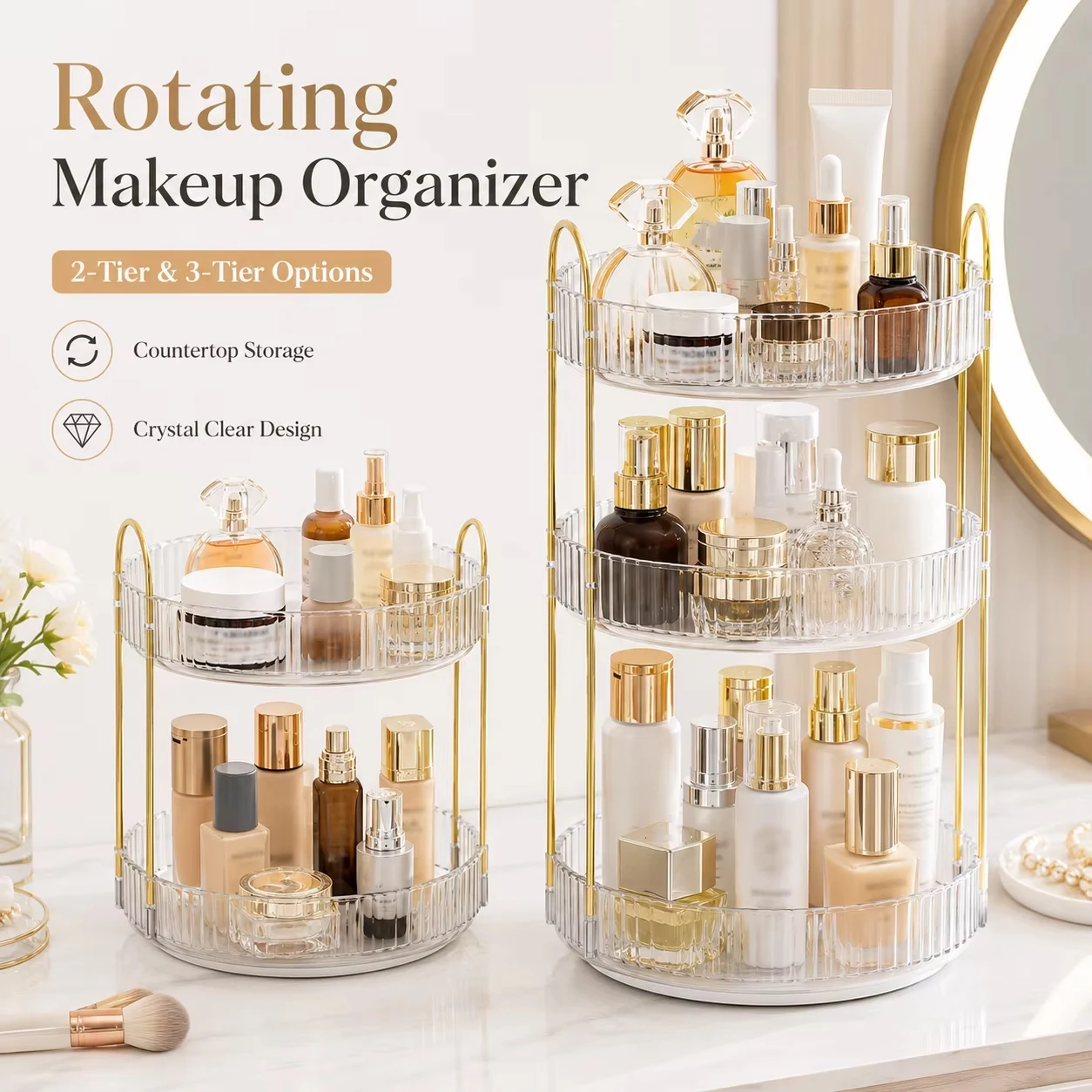 1 pack contains two/three layers 360 ° Rotatable desktop cosmetic storage rack, multifunctional large-capacity transparent bathroom storage shelf, suitable for organizing and storing items in the kitchen, bathroom, dressing table, etc