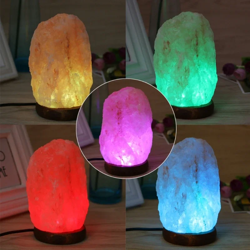 Hand Carved USB Wooden Base Himalayan Rock Salt Table Lamp Air Purifier Night Light Room Decoration Home Drop Shipping Led decor