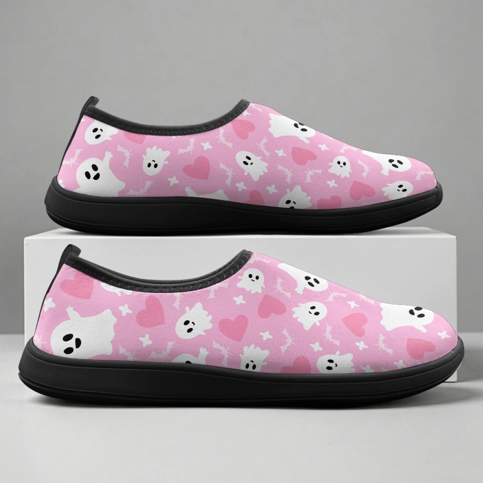 PENSTROLL Heart Ghost Print Fall Fashion Comfortable Barefoot Walking Shoes for Men Polyester & EVA House Shoes Running Sneakers