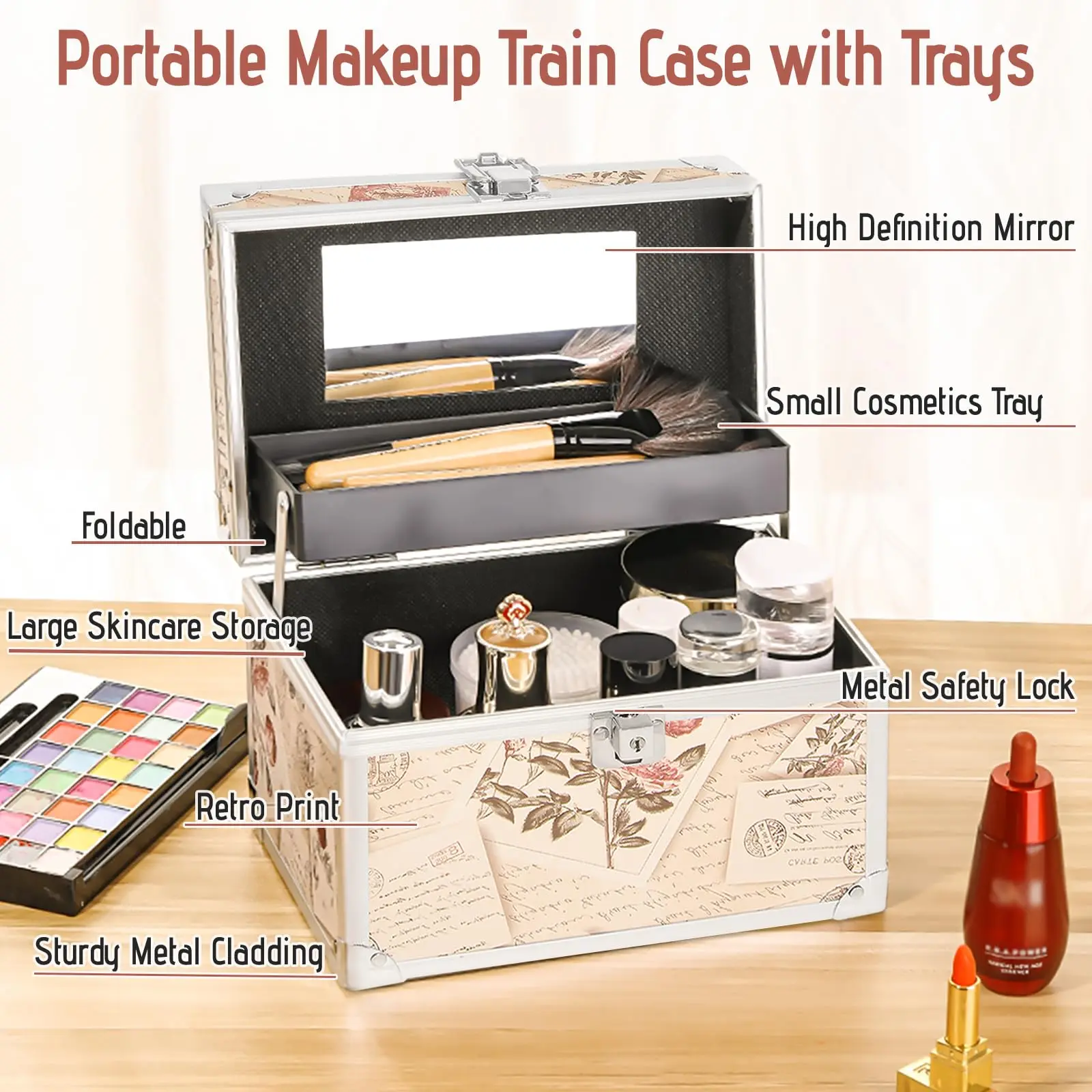 Makeup Boxes Organizer with Mirror Make Up Box Storage Train Cases  Lockable Metal Storage Hard Shell Cosmetic Box