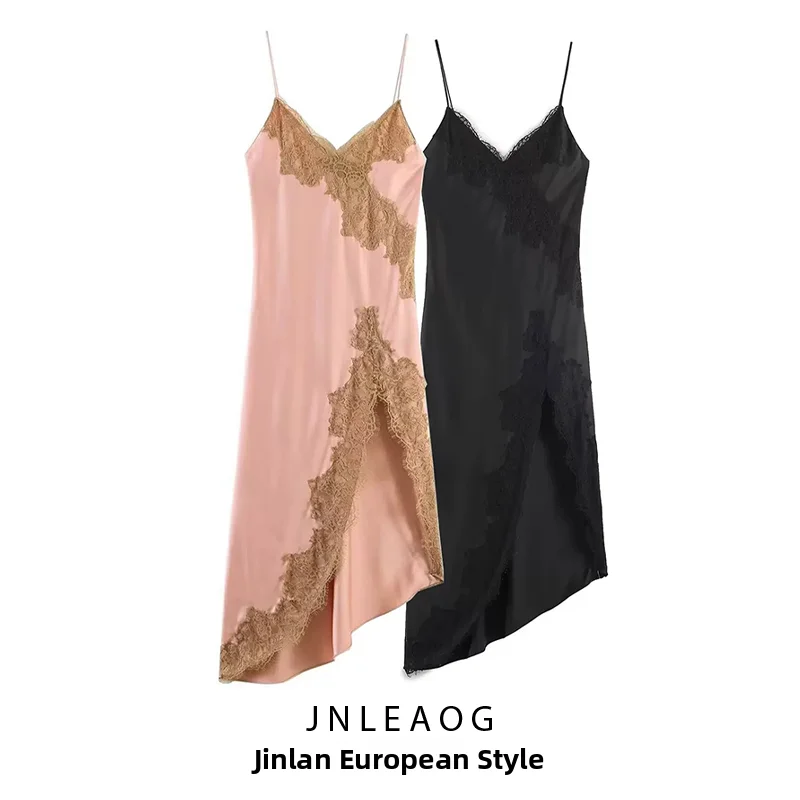 JNLEAOG Summer New Women's Fashion Versatile Lace Trim Dress Polyester Sleeveless Casual Style Single Piece Polyester Fiber