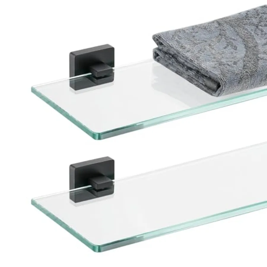 

Bathroom Glass Shelf Black, Tempered Glass Shower Storage by 5, 304 Stainless Steel Wall Mount 2 Pack, TGS1L-PB-P2