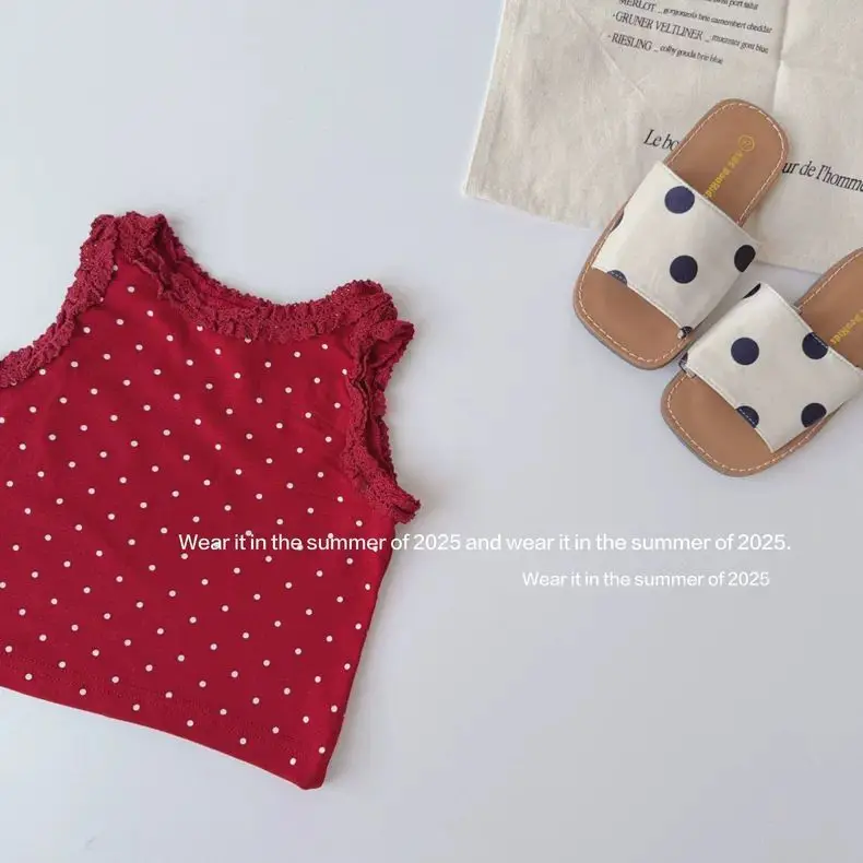 Kids Korean Vest 2026 Summer New Baby Stylish Versatile Polka Dot Sleeveless Top Girls Lace T Shirt
