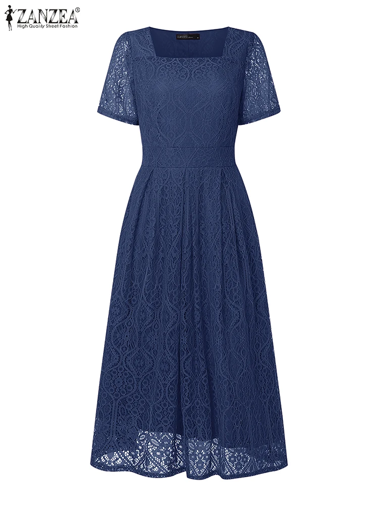 ZANZEA Women Lace Maxi Dress 2025 Summer Office Sundress Fashion Square Neck Solid Elegant Vestidos Casual Short Sleeve Robe