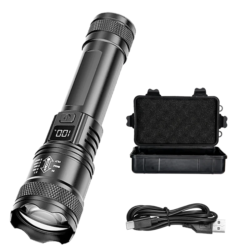 Oplaadbare LED-zaklamp Zoombare zaklamp met LCD-scherm 3-modi Waterdicht Krachtig handlicht Outdoor Wilderness Camping