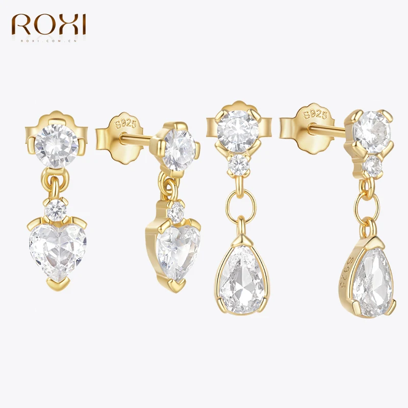 ROXI Tropfen-Piercing-Ohrringe aus 925er-Sterlingsilber mit weißen kubischen Zirkonen für Damen, Gold- und Silberfarbe, Hochzeit, Verlobungsschmuck