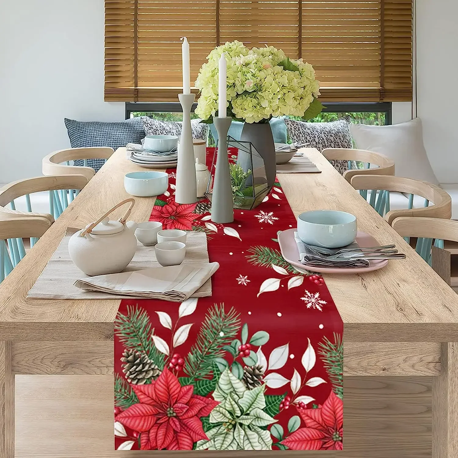 Christmas Poinsettia Pine Needles Table Runner Party Decor Reusable Winter Kitchen Dining Table Runner Christmas Decorations