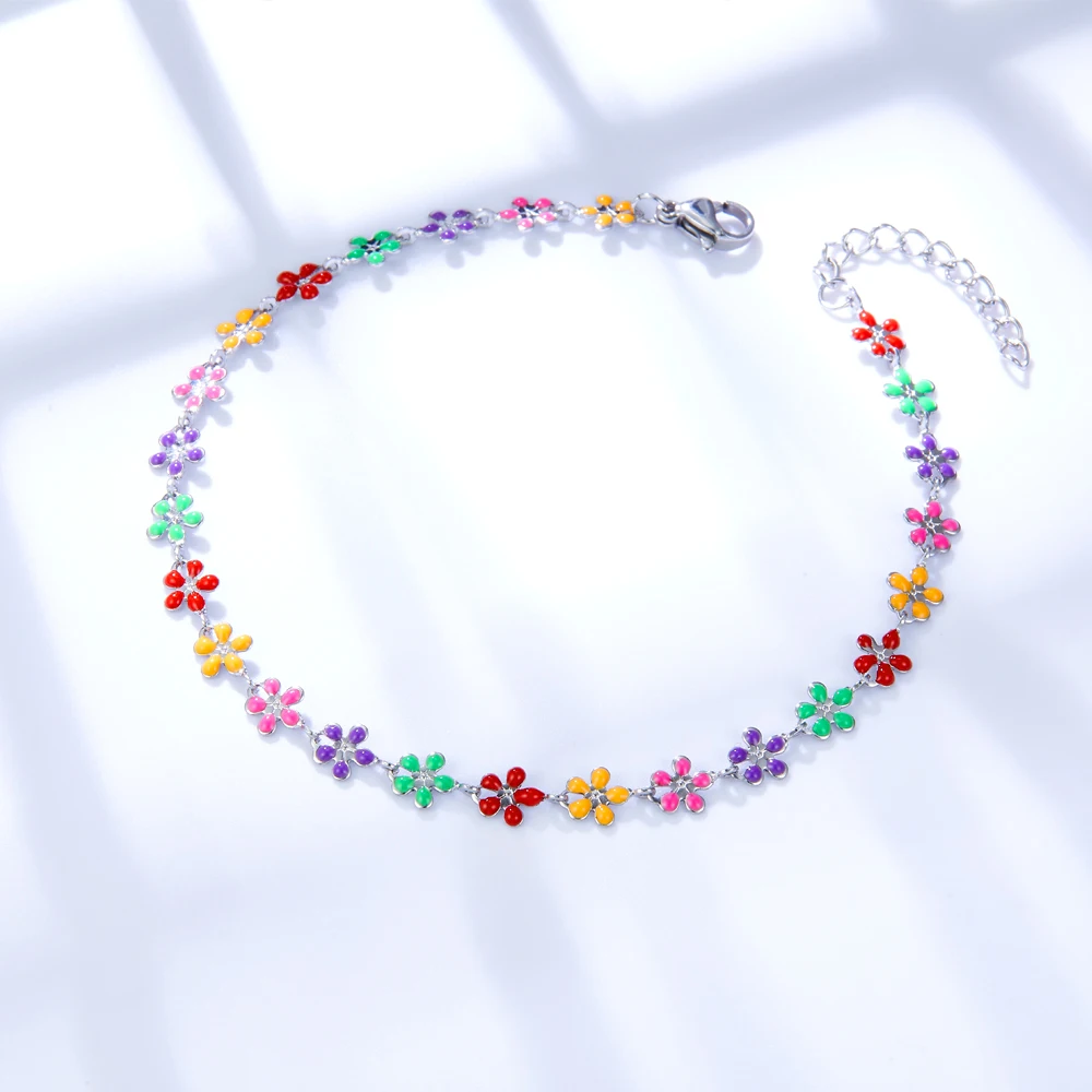 LUXUSTEEL New Boho Colorfully Flower Anklet For Women Daisy Stainlesss Steel Beach Chain On Leg Waterproof Jewelry