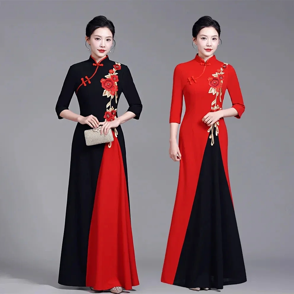 6XL 7XL Large Size High End Elegant Improve Cheongsam Dress Ethnic Style Women Embroidered Evening Dress Mother Long Vestidos