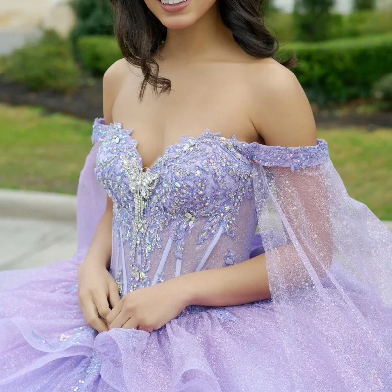 Lavender Shiny Quinceanera Dresses Ball Gown Off The Shoulder Applique Lace Beads Bow With Cape Tull Sweet 16 Dress Vestidos 15
