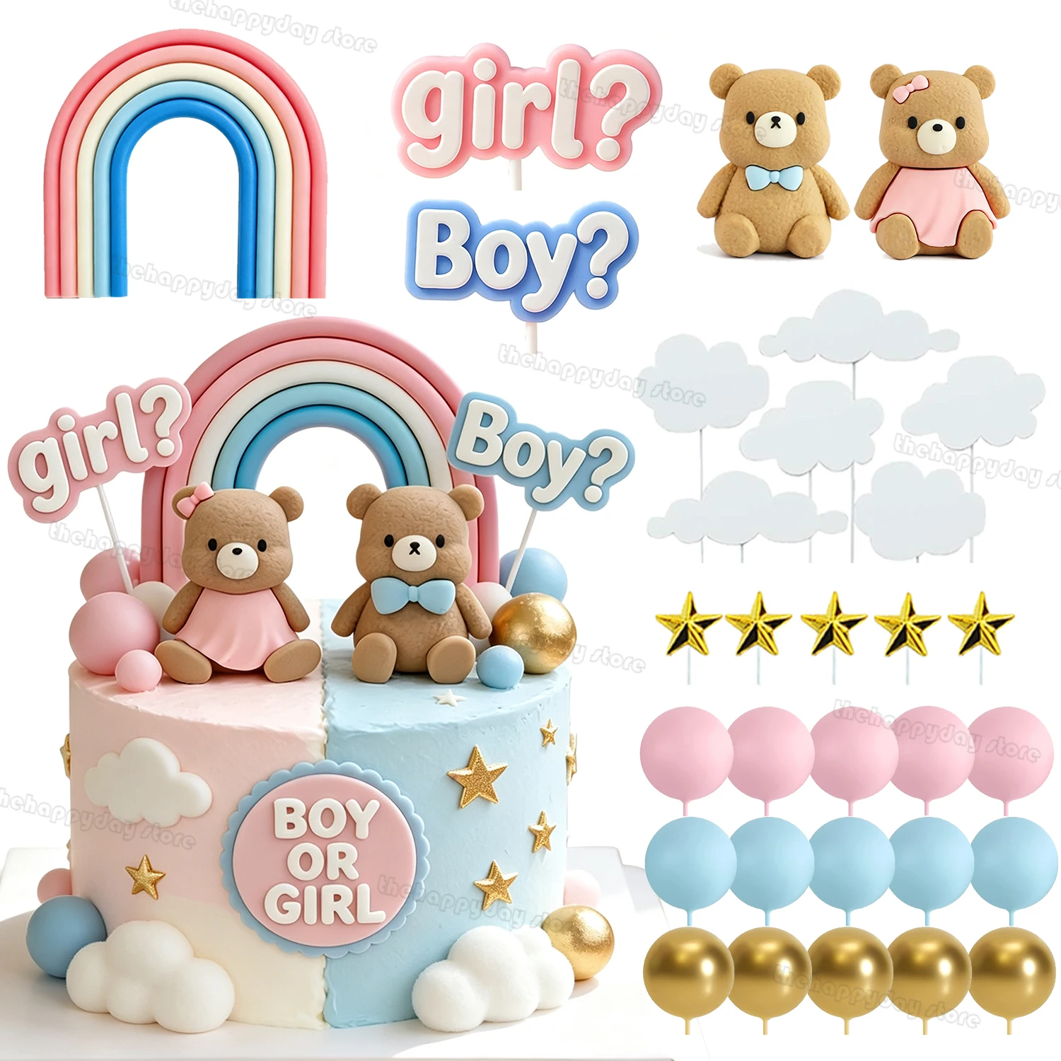 1SET Gender Reveal Cake Decorations Pink Blue Bears Cloud Balls Cake Toppers for Boys Girls Baby Shower Bear Birthday Cake Decor