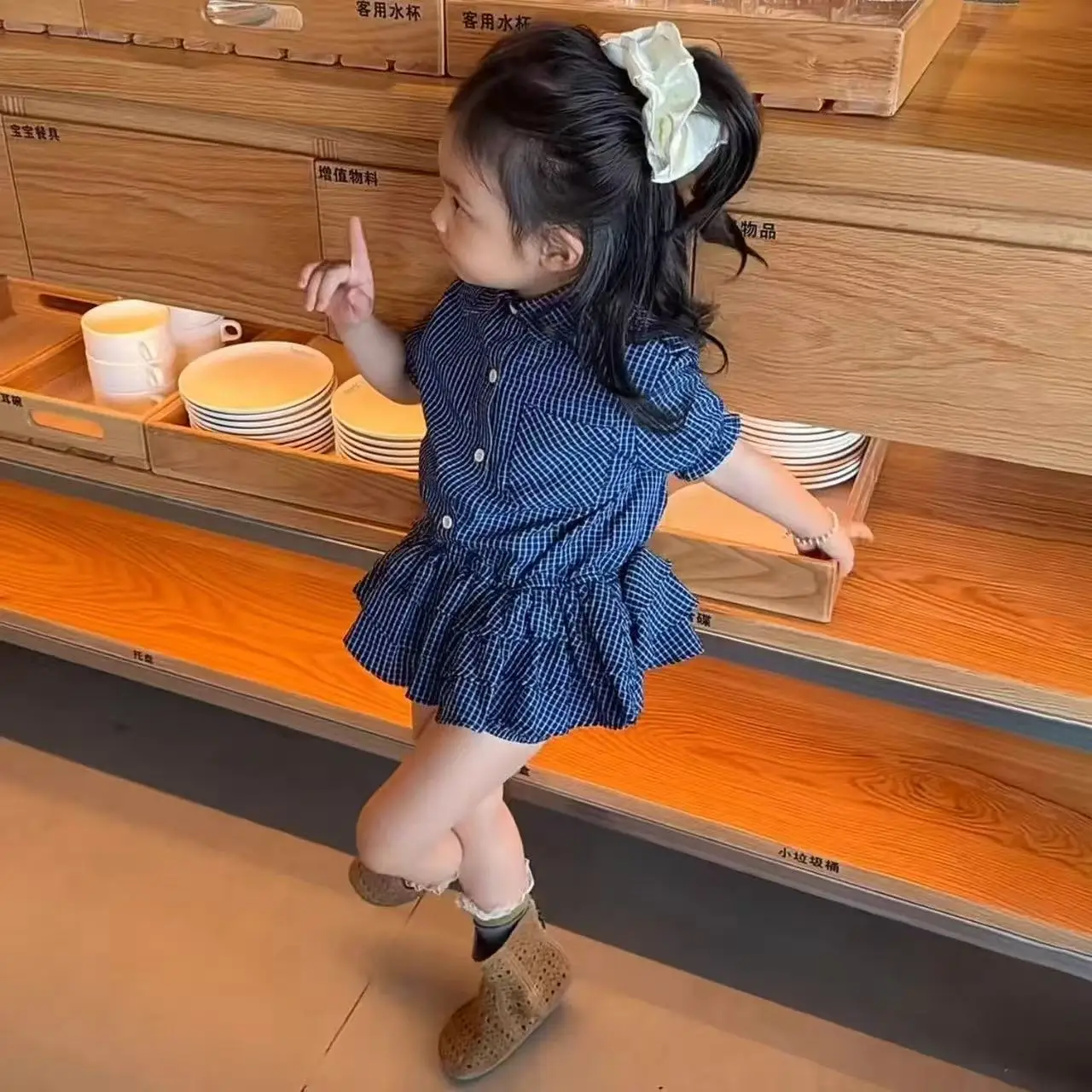 2026 Summer Korean Style Girls 2 Pcs Outfit Blue Plaid Shirt With Ruffle Hem Skirt Stylish Design Set for 80-140cm