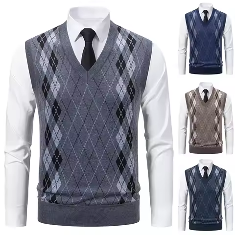 Men's Knitted Warm Sweater in Autumn and Winter V-neck Vest Diamond Grid Twisted Flower Casual Fashion Versatile Top