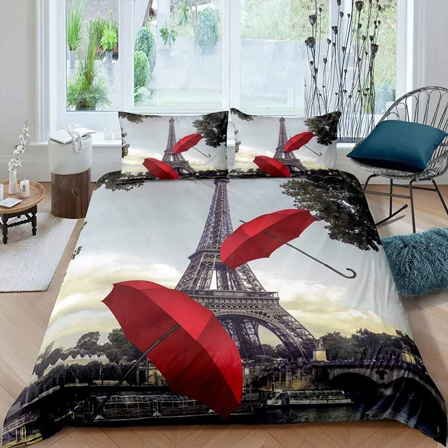 

Vintage Paris Eiffel Tower Bedding Set - Red Umbrella Print, Microfiber Duvet Cover, Double to King Sizes, Soft & Breathable