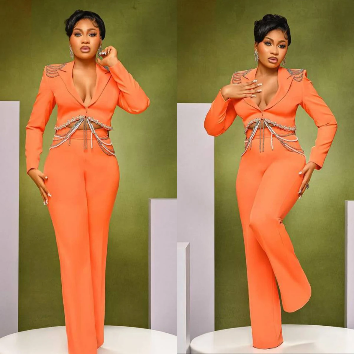 Luxury Women Pants Suits 2 Pcs Plus Size Beadings Ornaments Blazer Customized Wedding Guest Evenings Party Show Celebrity Outfit