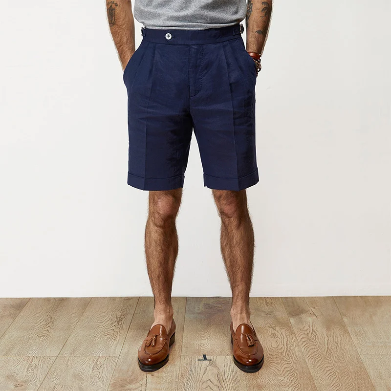 Summer Men's Naples Shorts Paris Buckle Retro Gentleman Linen Thin Cool Five-Point Pants Middle-Aged Workwear