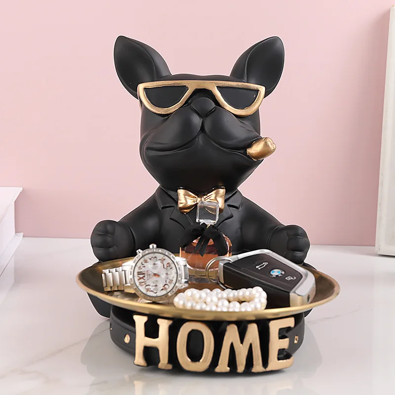 Modern Cool French Bulldog Figurine With Storage Tray Entryway Key Holder Tabletop Candy Snack Dish Living Room Bedroom Desktop