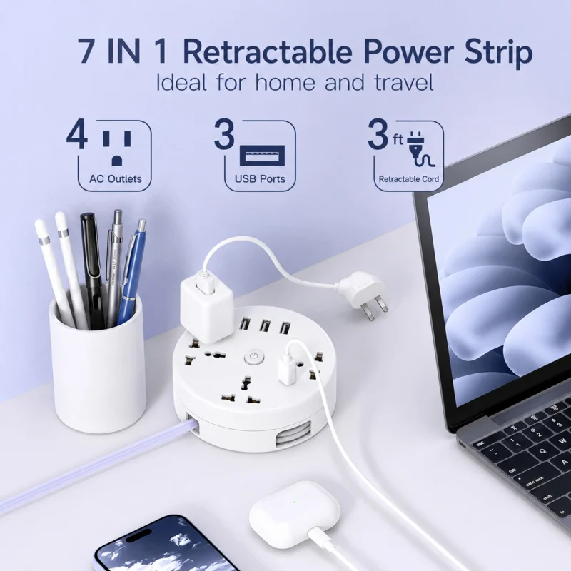 3ft Power Strip, Cruise Approved with 3 Outlets 3 USB Ports 2 USB-C, Retractable Cord, Portable Charging Station