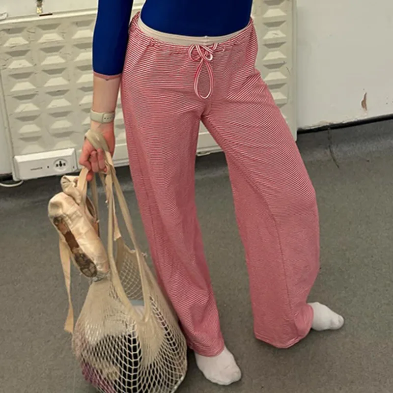 BKLD American Style Casual Striped Pants 2025 New High Waisted Lace-Up Loose Straight Floor Length Pants For Women Autumn Winter