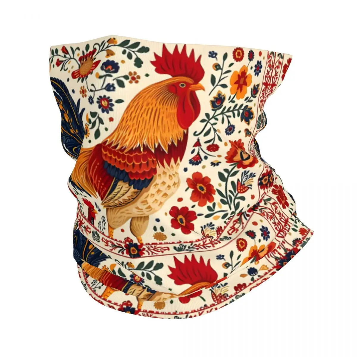 Folk Rooster And Hen Thin Bandana Neck Gaiter Wrap Scarf Headband Neck Cover