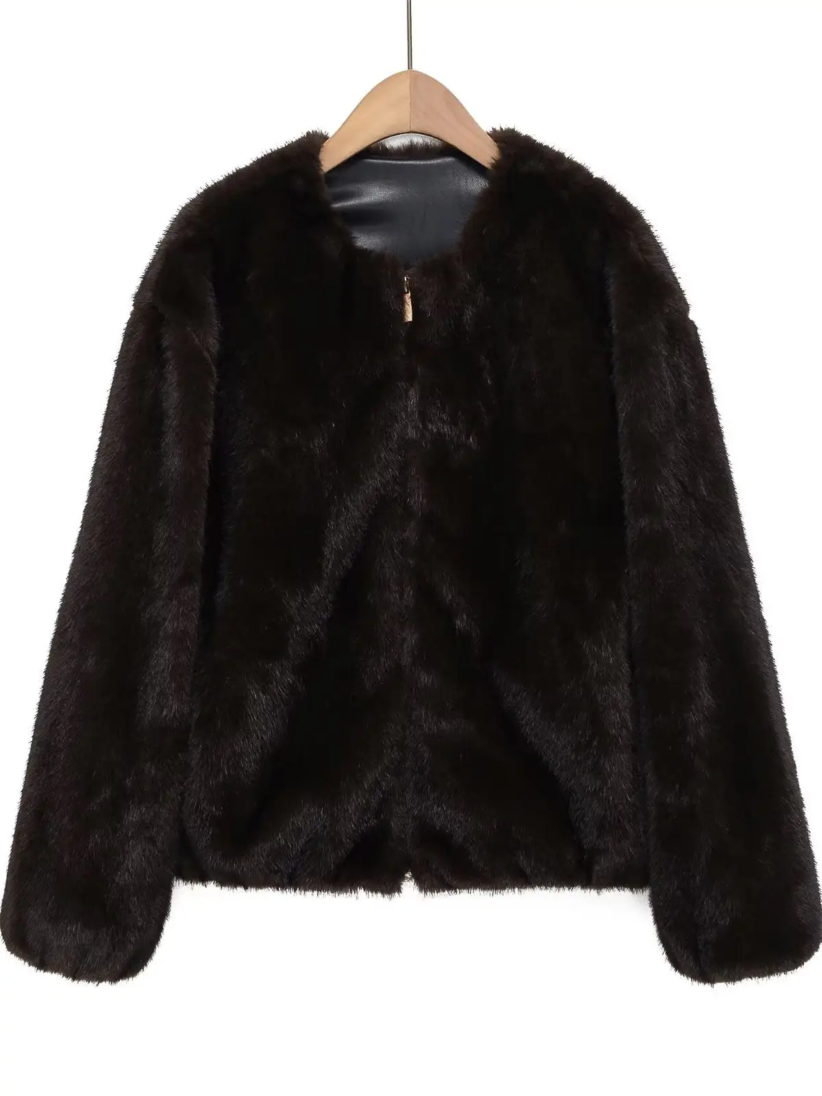 2025 Winter New Women's High-End Synthetic Fur Effect round Ne Pilot Jaet Coat Vintage Sle Loose Fit Long Sve Zipper