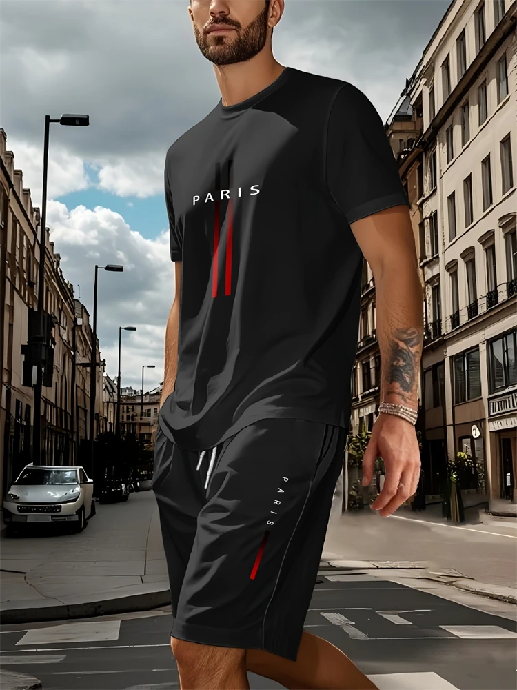 Men's New Summer Suit Fashion Striped Printed Round Neck Short Sleeve Shorts Two-piece Loose Breathable Home Fitness Style