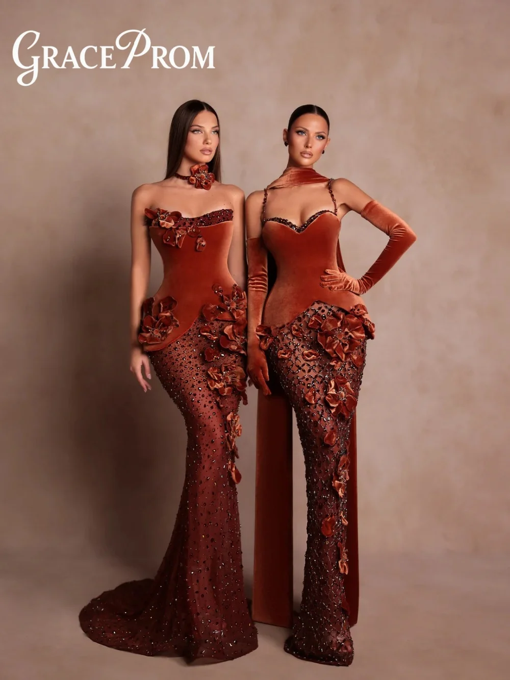 GraceProm Luxurious Caramel Evening Dress 2026 Floral-Embellished Carpet Gown Trendy A-Line Floor-Length Party Gown فساتين سهرة