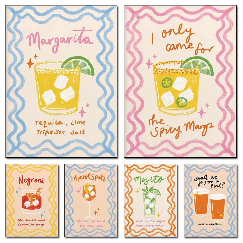 Affiche abstraite de cocktail, Margarita épicée, Mojito, Negroni, peinture sur toile, art mural pour salon, décoration de la maison, cadeau sans cadre